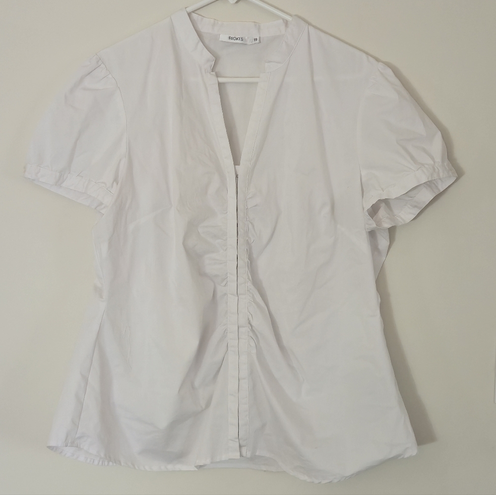 Ricki's Sz 18 White Mandarin Collar Ruched V-Neck Puff Sleeve Blouse Minimalist - Picture 5 of 16